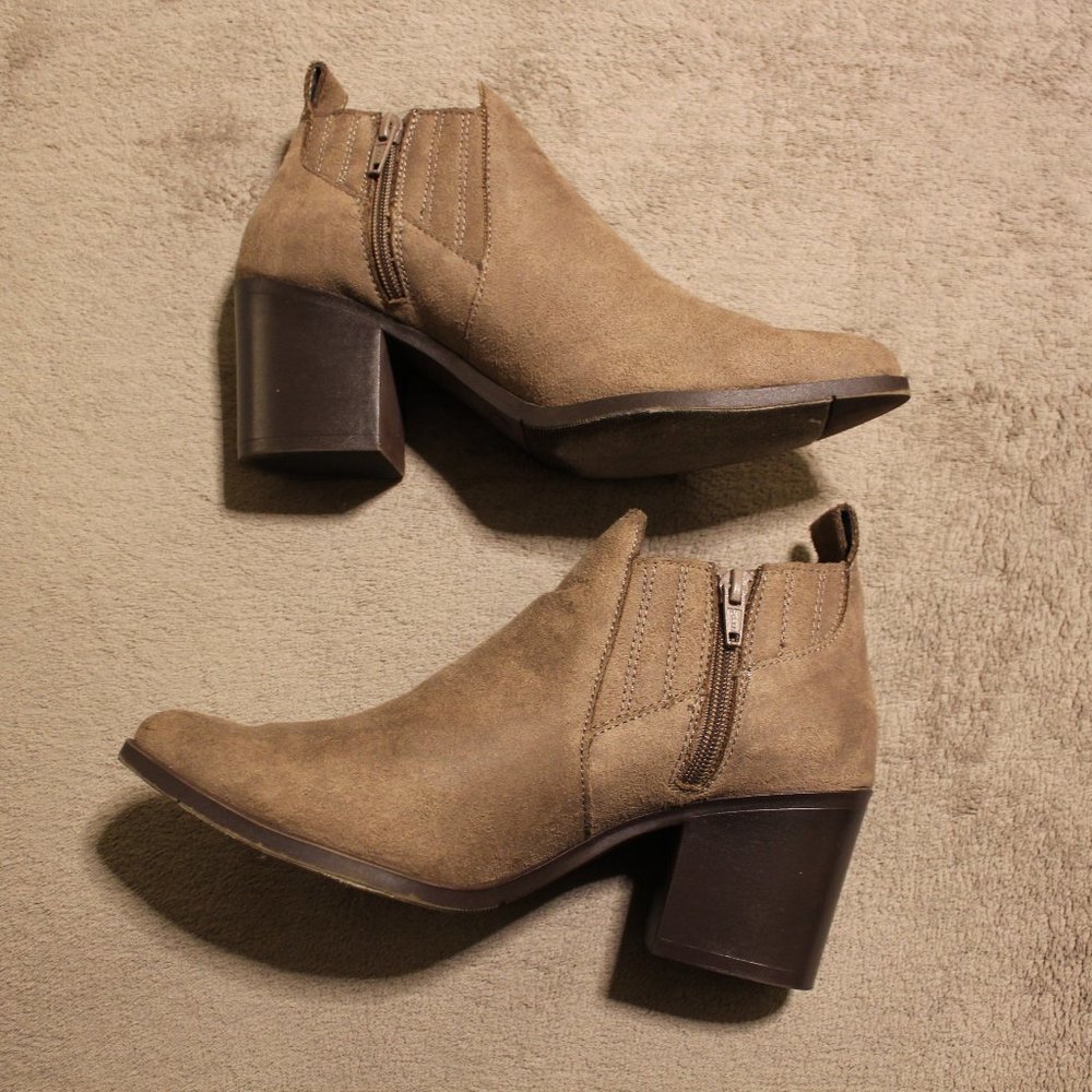 Candie's Taupe / Tan Suede Ankle High Heeled Boots